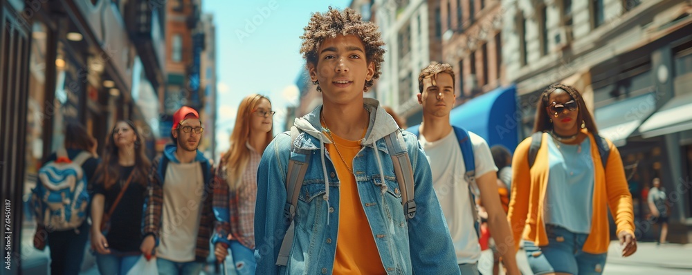 Diverse and mixed group of young people walking on a sidewalk in the city