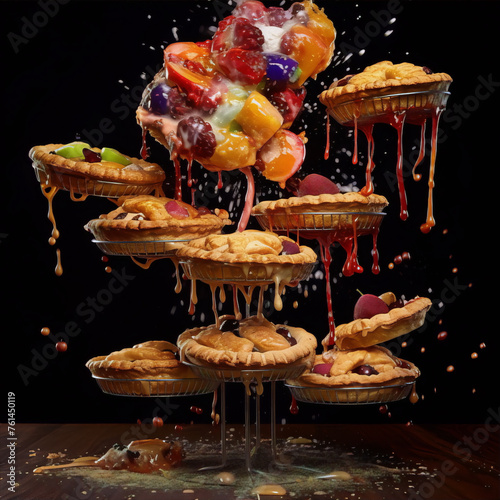 Abstract still life of a stack of pies with fruit and syrup in a black background