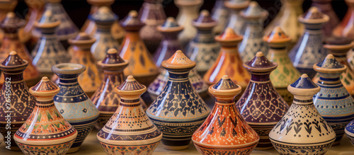 Colorful and intricate hand painted ceramic pots with lids in a Moroccan market stall