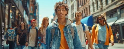 Diverse and mixed group of young people walking on a sidewalk in the city