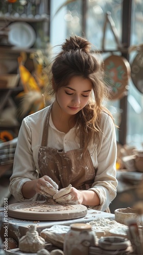Focused woman making ornament on clay plate