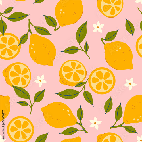 Simple seamless pattern with lemons on a pink background. Vector graphics.