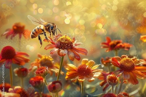A vibrant scene of a honeybee (Apis mellifera) hovering over a cluster of bright orange and red Helenium flowers, its legs dusted with pollen.