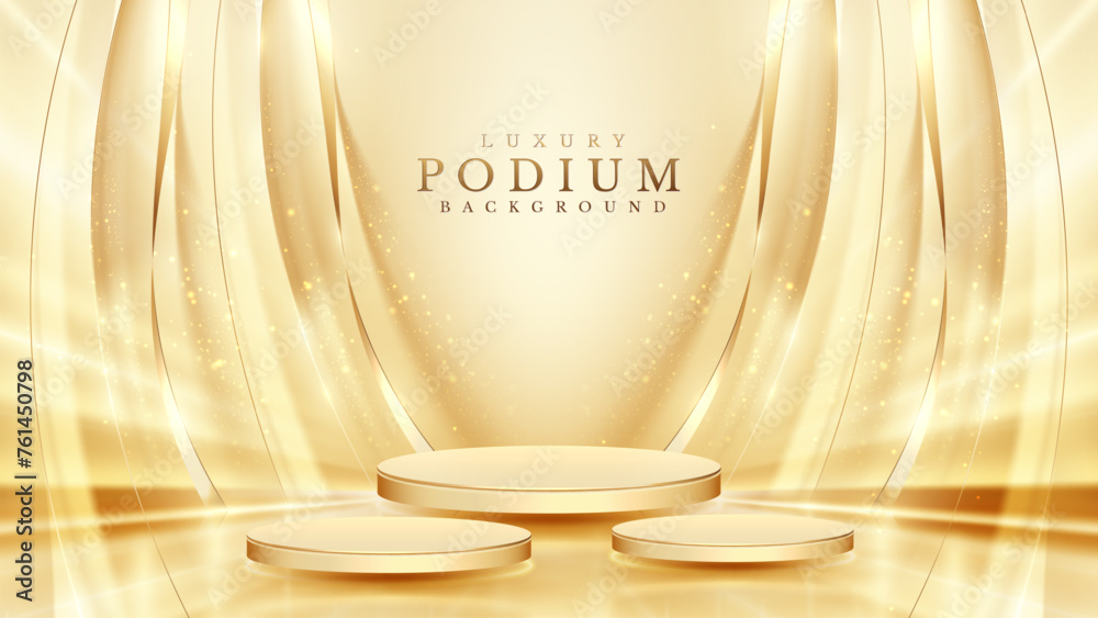 Αυτοκόλλητο Elegant Golden Podiums with Shimmering Curtain Background