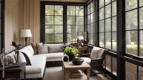 Sunroom with whitewashed cedar walls and ebony stained window trim.