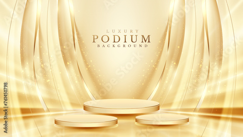 Foto Elegant Golden Podiums with Shimmering Curtain Background