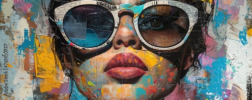 Mixed-Media colorful portrait of woman in modern sunglasses with different collage elements