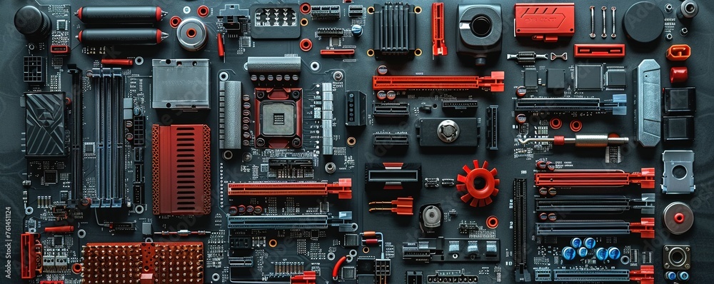 PC hardware components, various tools and wires. - obrazy, fototapety, plakaty 