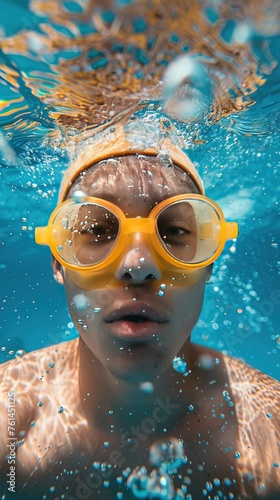 person in yellow swimming glasses and hat diving in pool water © Svitlana