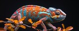 realistic multicolored chameleon with iridescent skin in speckles sitting on branch of a bush over black background