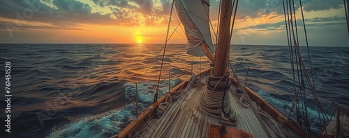 scenic view of sailboat with wooden deck and mast with rope floating on rippling dark sea against cloudy sunset sky
