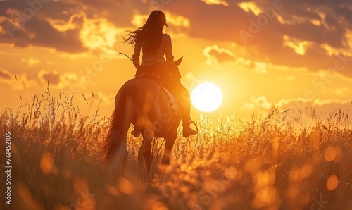 Woman riding horse in countryside during sunset