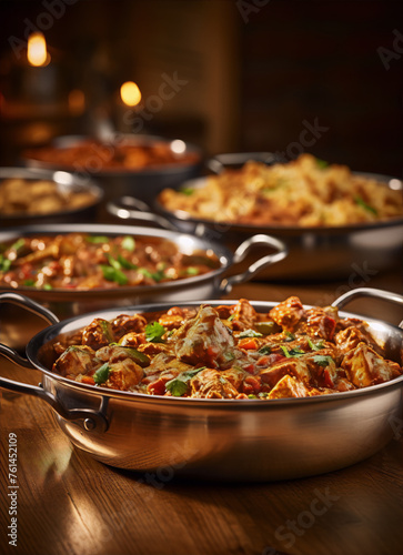 Still life of traditional Indian chicken tikka masala in steel serving dish with other dishes in background