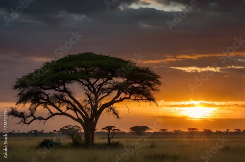 Landscape of sunrise over the savanna and grass fields in National Park Africa © Nutjaree