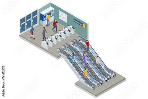 Isometric People stand on the escalator in the subway. High speed train. Included underground train, station. Subway station, railway rapid transit system, metro platform.