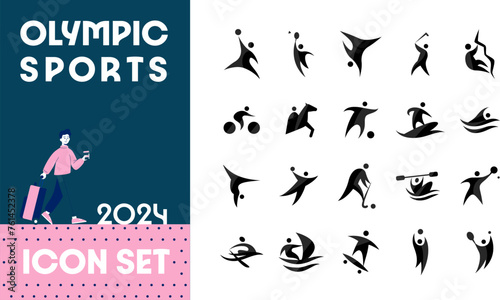 Big set of vector icons for different sports. Modern flat pictograms of football, basketball, rock climbing, breakdancing, cycling, swimming, tennis, volleyball, hockey. Sports competitions, events.