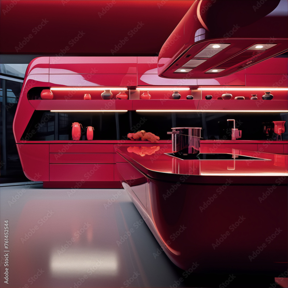 Naklejka premium Red modern kitchen interior with island, glossy cabinets and shelves with decor