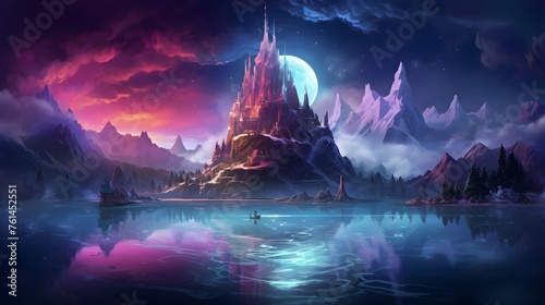 Enchanted floating islands bathed in a neon aurora with creatures riding luminescent waves, casting vibrant reflections on the dreamy water. photo