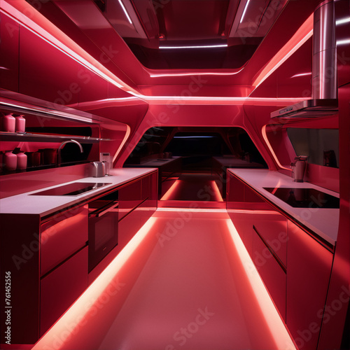 Futuristic red spaceship galley kitchen interior concept, 3d illustration