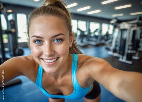 a woman in a blue top is smiling at the camera in a gym doing a selfie