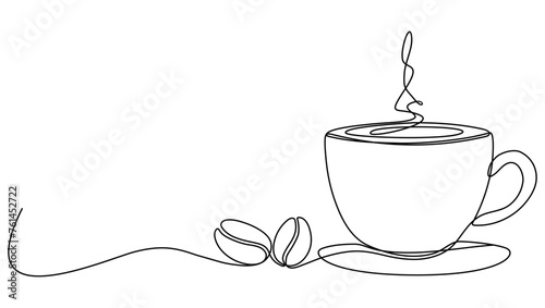 Cup with coffee beans continuous line drawn. Vector illustration isolated on white background.