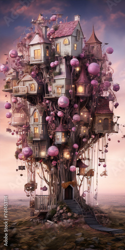 Whimsical treehouse village with pink accents in a surreal landscape