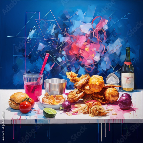 Abstract painting of a table with food and drink in bright colors with blue background.