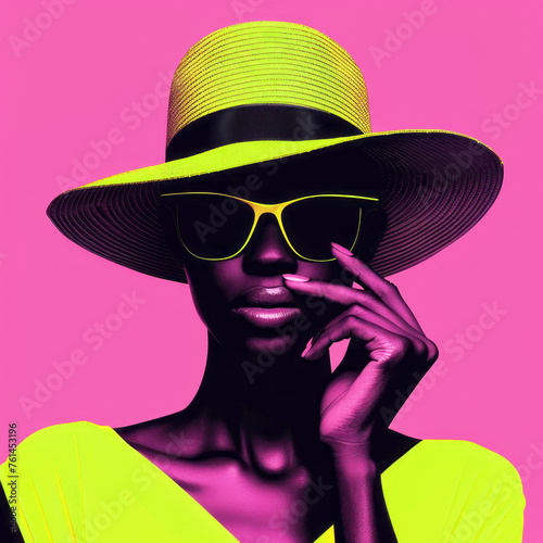 Fashion african woman in pink light. Stylish hat and sunglasses