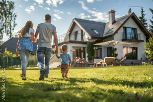 happy family playing on the lawn in front of their house  photo