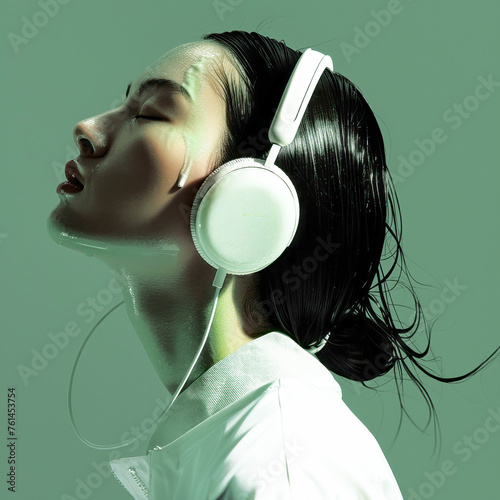 Stylish sensual girl in headphones listens to music
