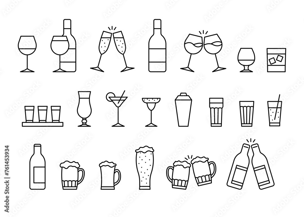 Glass cup for alcohol drink, clink celebration toast, line empty icon set. Beverage, cocktail in beer mug, wineglass, cup, other drink glassware. Outline of glass utensil, editable stroke. Vector - obrazy, fototapety, plakaty 