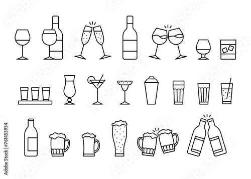 Glass cup for alcohol drink, clink celebration toast, line empty icon set. Beverage, cocktail in beer mug, wineglass, cup, other drink glassware. Outline of glass utensil, editable stroke. Vector