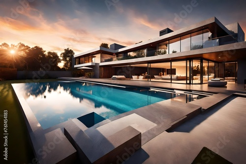 house with swimming pool in sunset © Muhammad