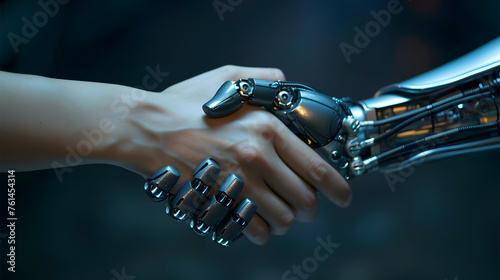 Human handshake with robot hand, artificial intelligence digital transformation background. Futuristic digital age robot handshake science digital technology
