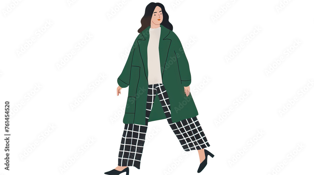 A woman walks in a green coat and checkered pants on a white background. Minimalistic illustration
