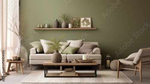 Taupe and Soft Green Create a natural and calming atmosphere with taupe walls and soft green accents. photo