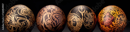 Black and gold intricate pattern design on ostrich eggs.