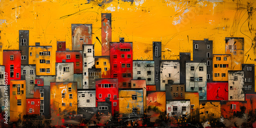 City skyline painting with yellow backdrop in urban design art style