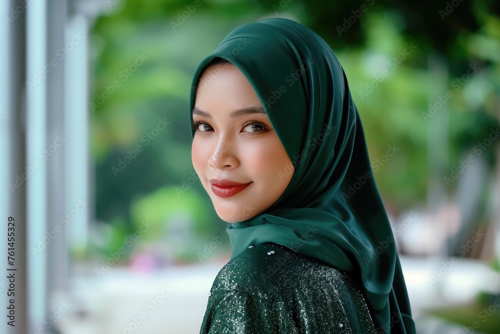 Ramadan Mubarak Indonesian Muslim Woman Photo in Green Headscarf (Hijab), Smiling and Posing for a Picture.. Fictional character created by Generated AI. 
