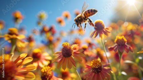 Close-up of a bee suspended in mid-air, showcasing the remarkable detail of its wings and body against a vibrant backdrop of orange wildflowers and a clear blue sky.