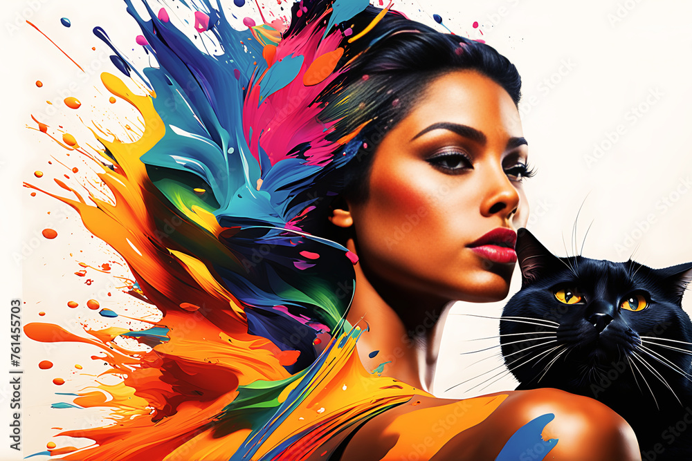 Fototapeta premium Colorful Painting of a Woman With Her Cat (PNG 10368x6912)