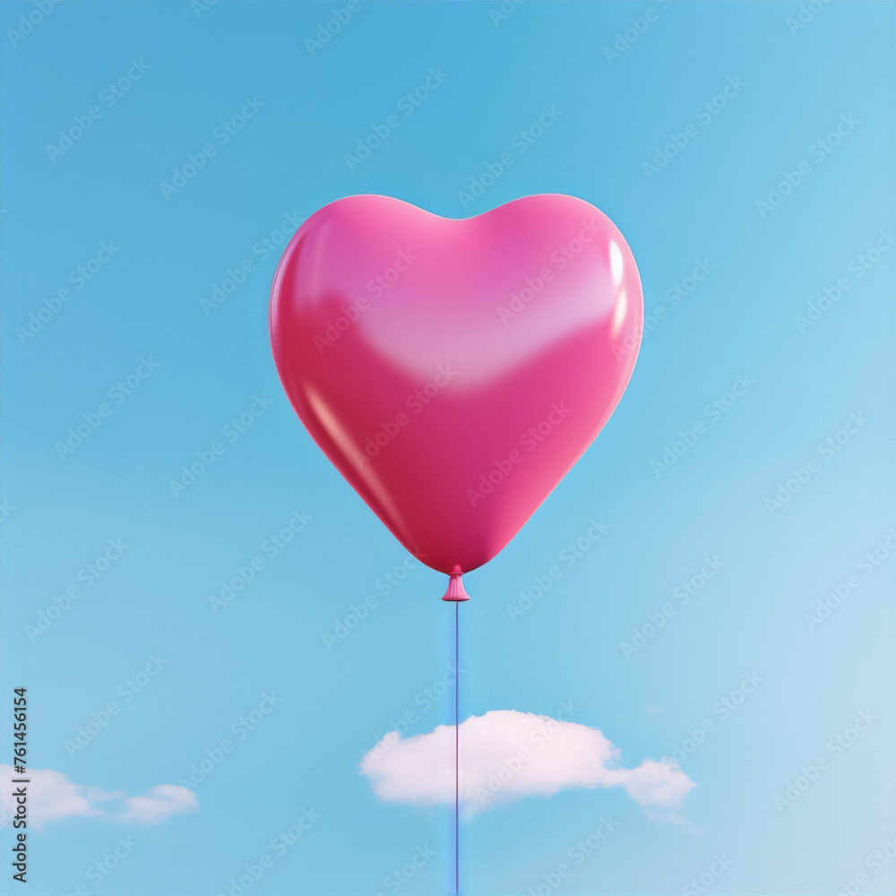Pink heart balloon floating up in the blue sky with a single cloud below it.