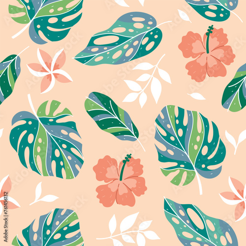 Seamless pattern with tropical flowers and leaves. Vector graphics.