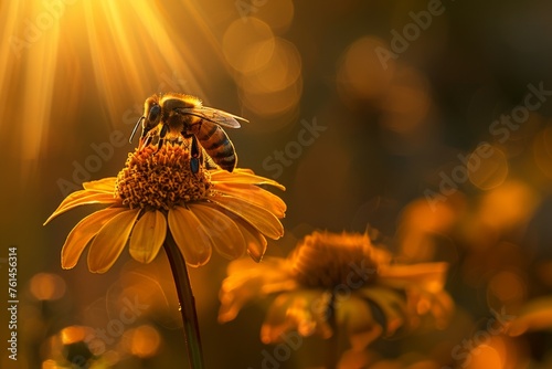 A serene evening scene with a honeybee (Apis mellifera) resting on a yellow Helenium flower, as the soft, golden light of sunset casts long shadows.
