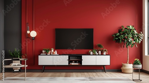 Conceptualize a cohesive interior design scheme that combines a bold wall color with a sleek TV cabinet and tasteful decorative accents  attractive look photo