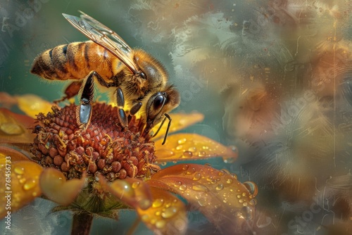 An artistic interpretation of a honeybee (Apis mellifera) extracting nectar from a Helenium flower, framed by dew-kissed leaves in the early morning. © radekcho