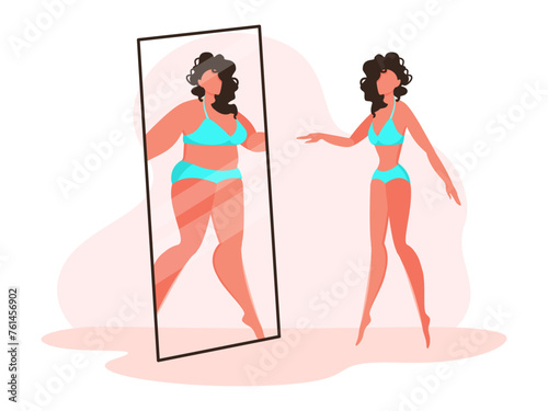 Slim woman looking in mirror and seeing fat herself as overweight woman. Anorexia. Self hate, body shaming, dissatisfaction with appearance. Eating disorder or psychological frustration