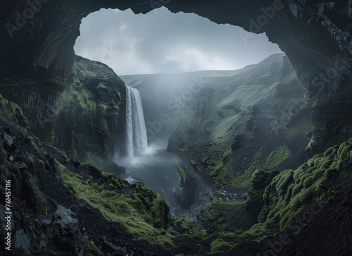 Icelandic waterfall  National Geographic photography  at dawn  vibrant colors  stunning view from inside the cave looking out on water cascading down into the river below