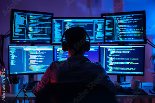 Intensity and dedication of a programmer captured amidst multiple monitors displaying intricate coding