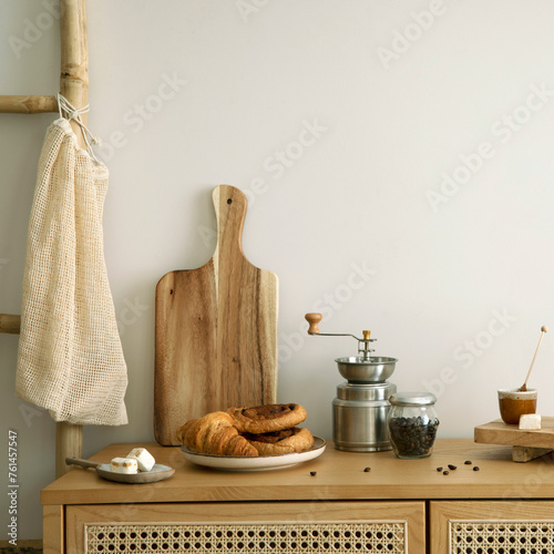 Interior design of kitchen space with rattan commode,  ladder, cutting board, baking, coffee grinder food and kitchen accessories. Home decor.  Template. 